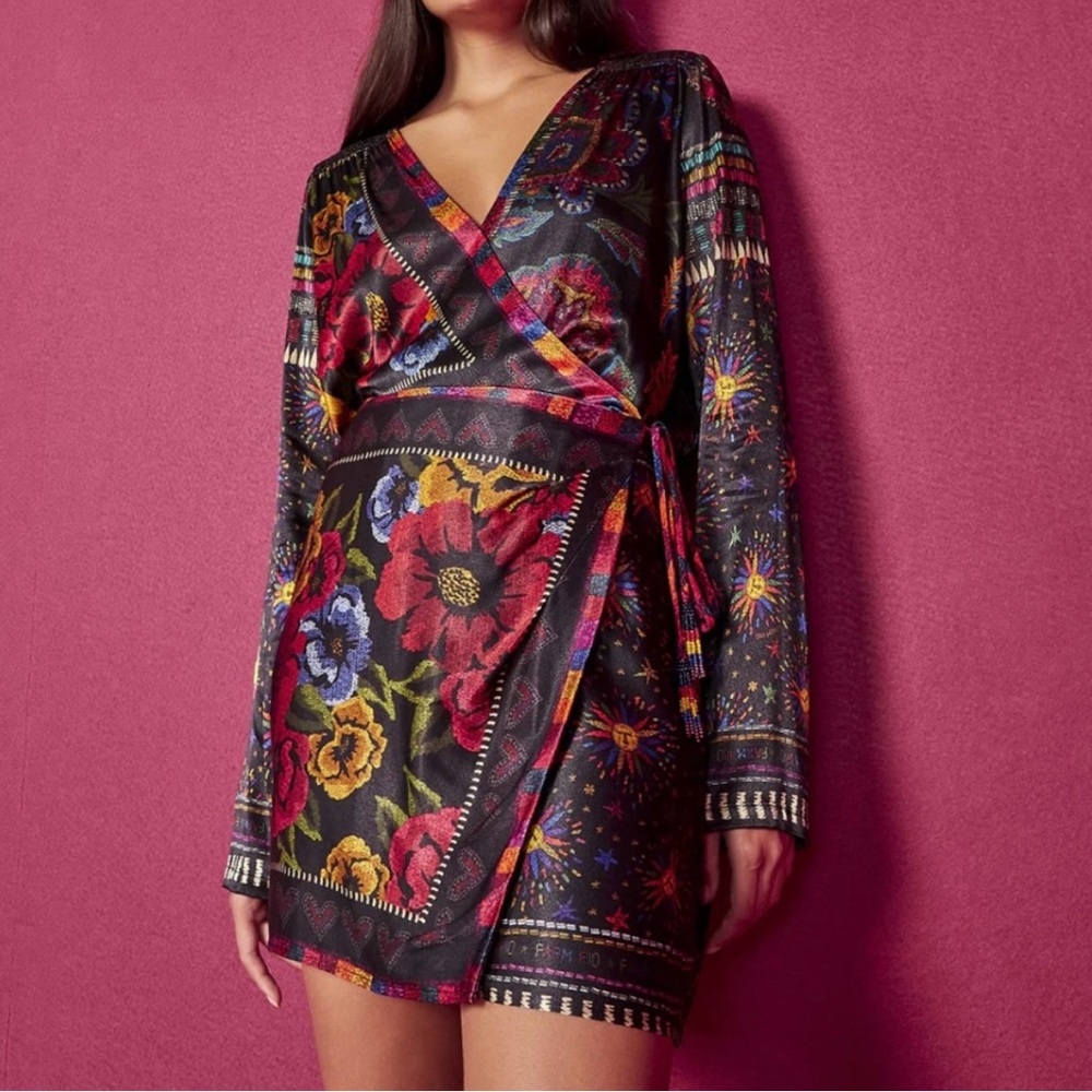 NWT Farm Rio Mixed Scarves Black Mini Wrap Dress XS